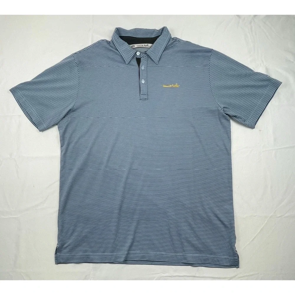 TRAVIS MATHEW POLO SHIRT MENS XL BLUE GREY STRIPED GOLF POLO SHORT SLEEVE CLUB